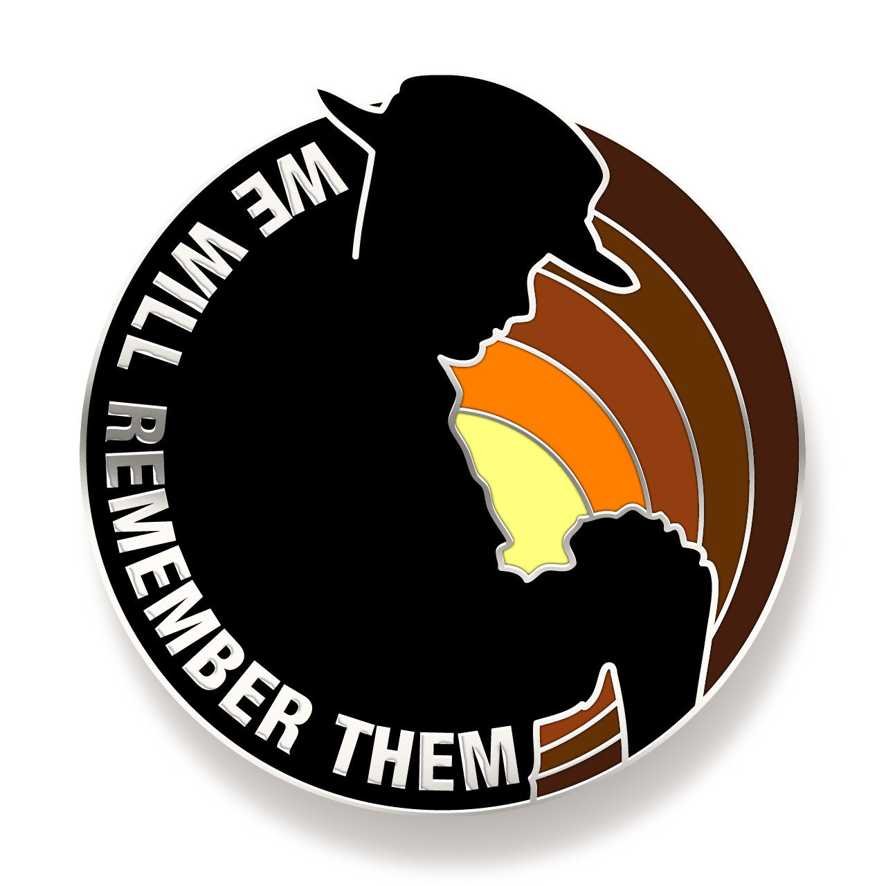 The Reversed Arms Lapel is a vibrant badge featuring the silhouette of a lone digger resting at reversed arms in front of a sunrise sky. This lapel pin is a moving addition to any lapel or coat and a wonderful commemorative piece. The words 'We Will Remember Them' are featured in silver detailing, adding to its unique design. www.defenceqstore.com.au