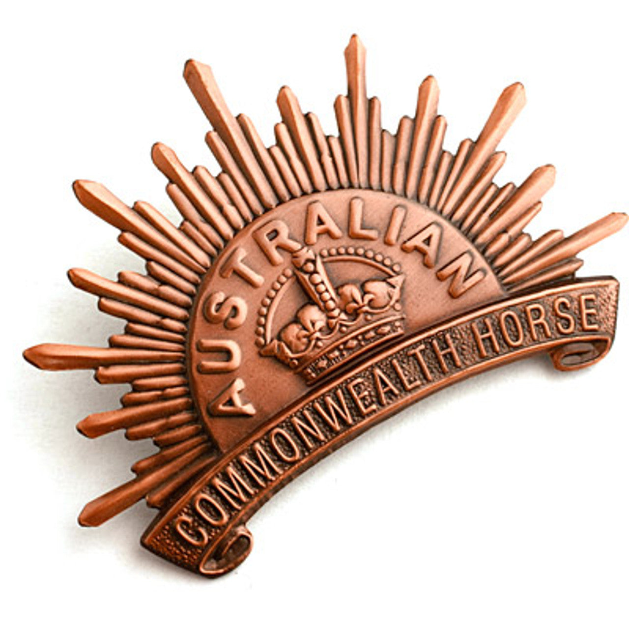 Introducing the second Australian Army Rising Sun Hat Badge, a high quality replica crafted by military specialists. This exquisite badge pays homage to the historic April 1902 design, which introduced a scroll with the words 'Commonwealth Horse' and replaced 'Australia' with 'Australian'.  www.defenceqstore.com.au