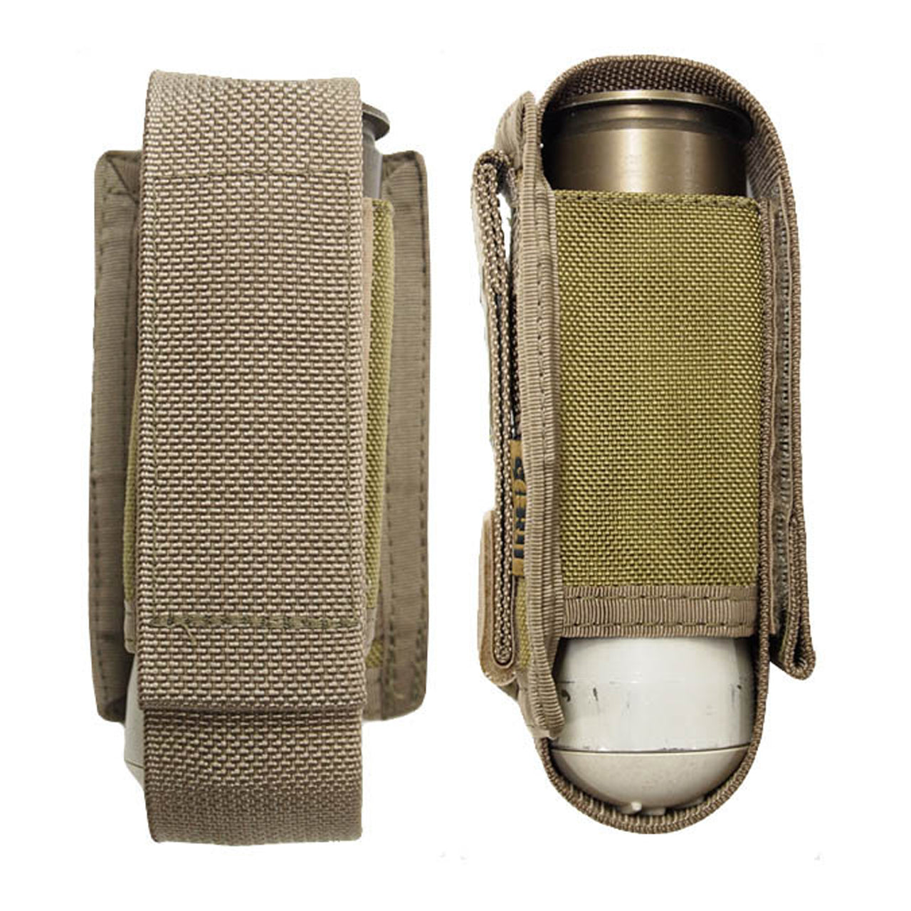 Holds a single 40mm Illumination round in a protective nylon sleeve. The round is held in via a Velcro flap that also acts as a "self serve" pull tab.   'Horizontal' refers to the way the the pouch is mounted - sideways with the round seated vertically.   Approved for use my Australian Defence Force   NSN 8465-66-155-9146  www.defenceqstore.com.au