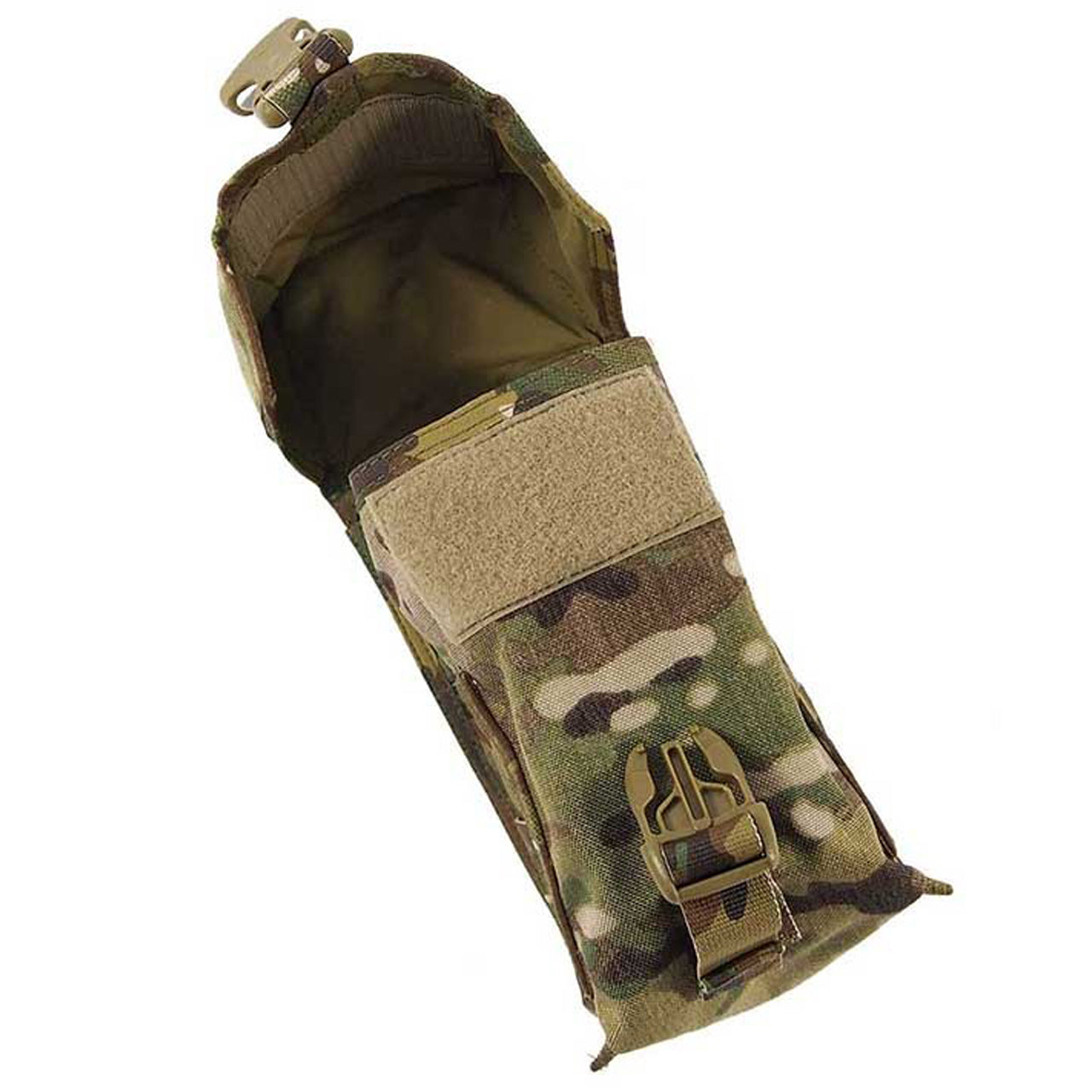 This pouch is large enough to hold a one litre water bottle with it's cups canteen attached. Closes with a single Fastex clip backed up by a Velcro patch to securely hold any items in place. Drainage grommet at bottom for water operations. Requires three MOLLE columns for attachment. DIMENSIONS (CM)= W-11, H-22, D-10 NSN 8465-66-158-4547 www.defenceqstore.com.au