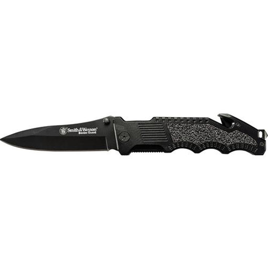 The Smith &amp; Wesson SWBG1S Border Guard Drop Point Folding Knife is built for tough situations. This knife combines a 4.4-inch partially serrated drop point blade made from high-carbon stainless steel with a rugged aluminum handle that offers enhanced grip and durability. www.defenceqstore.com.au