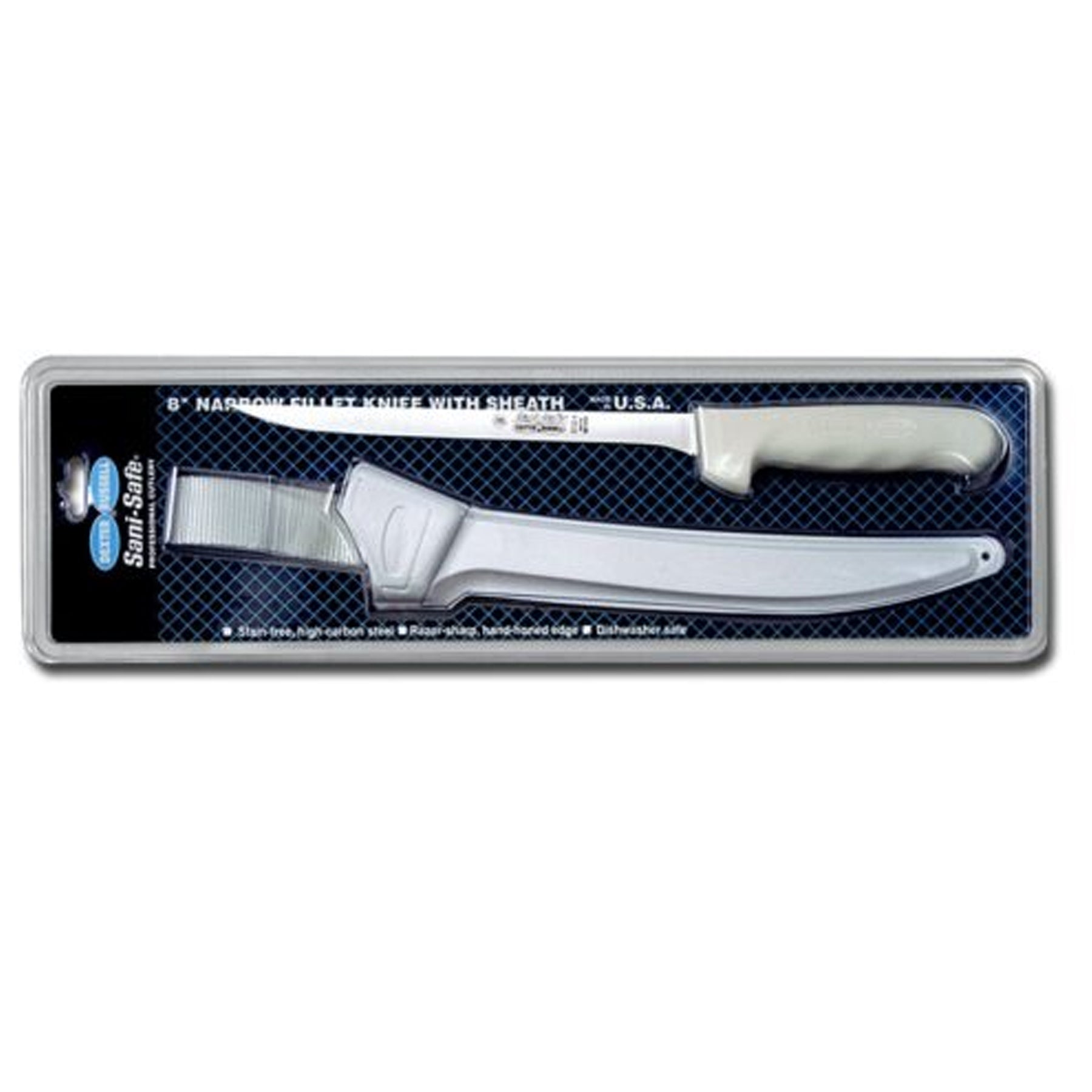 Built to be both tough and sanitary.

A textured, slip-resistant, easy-to-clean polypropylene handle withstands both high and low temperatures.

An impervious blade-to-handle seal provides the utmost in santiary qualification. Stain-free, high-carbon steel blade, with an individually ground and honed edge, excels in commercial use. www.defenceqstore.com.au