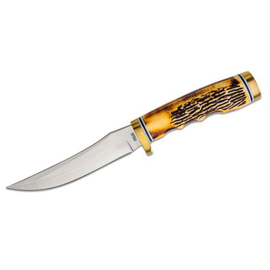 Uncle Henry’s Golden Spike Knife embodies the old traditions of the American west – durability, keen edge, and long lasting. It features a stainless steel clip point blade, Delrin stag handle and satin finish. The handle features polished nickle silver guard and pommel. The Golden Spike comes with leather sheath and sharpening stone. www.defenceqstore.com.au