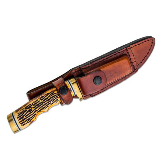 Uncle Henry’s Golden Spike Knife embodies the old traditions of the American west – durability, keen edge, and long lasting. It features a stainless steel clip point blade, Delrin stag handle and satin finish. The handle features polished nickle silver guard and pommel. The Golden Spike comes with leather sheath and sharpening stone. www.defenceqstore.com.au