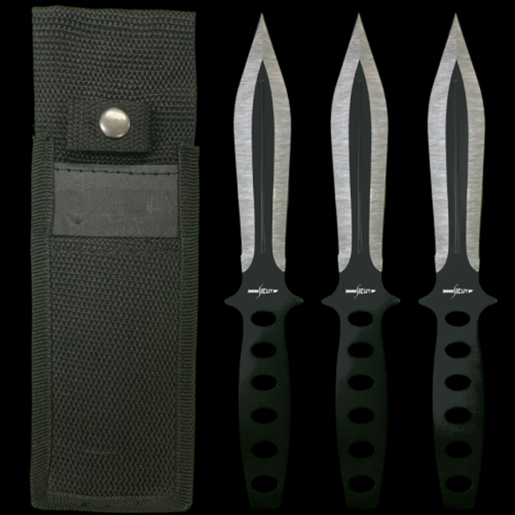 Features 7 7/8″ overall, with 4″ edged blades. One piece black coated stainless construction with two toned black and silver blades. Slot cutout design handle. Black nylon belt sheath holds all knives. Triple Thrower Set. Includes three throwers. Made in China. www.defenceqstore.com.au