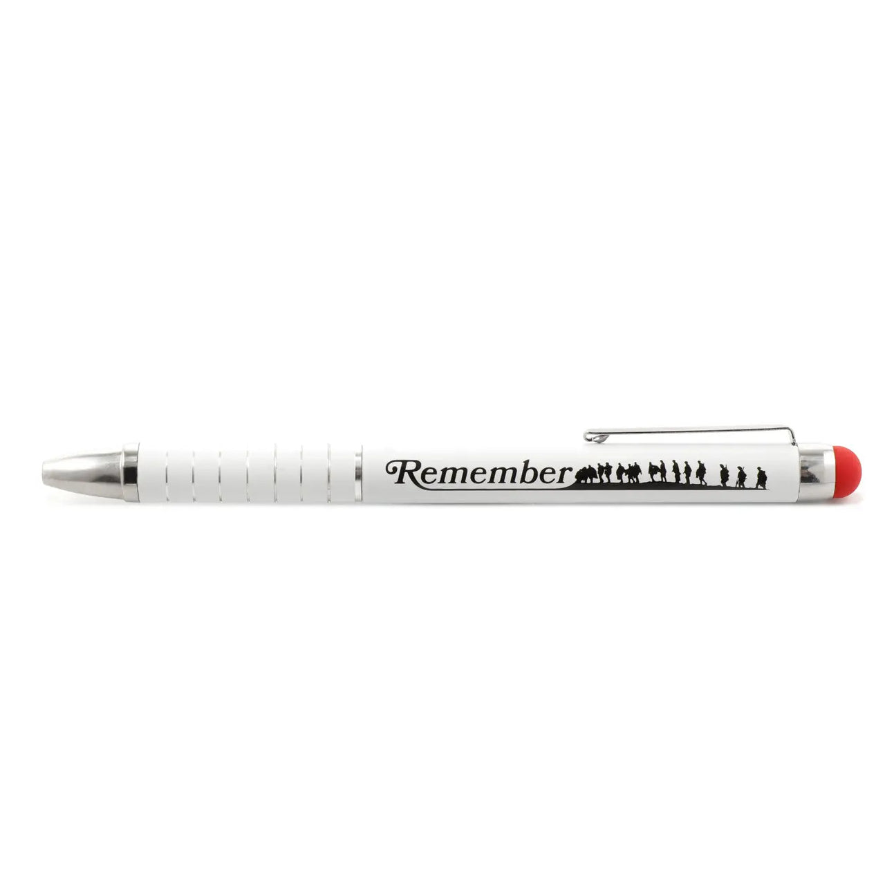 Introducing the Silhouettes of Remembrance Compact Pen with Stylus. This elegantly designed pen features a line of silhouetted soldiers trekking across uneven ground. Including the word "Remember," it serves as a constant reminder to honour our fallen heroes. www.defenceqstore.com.au