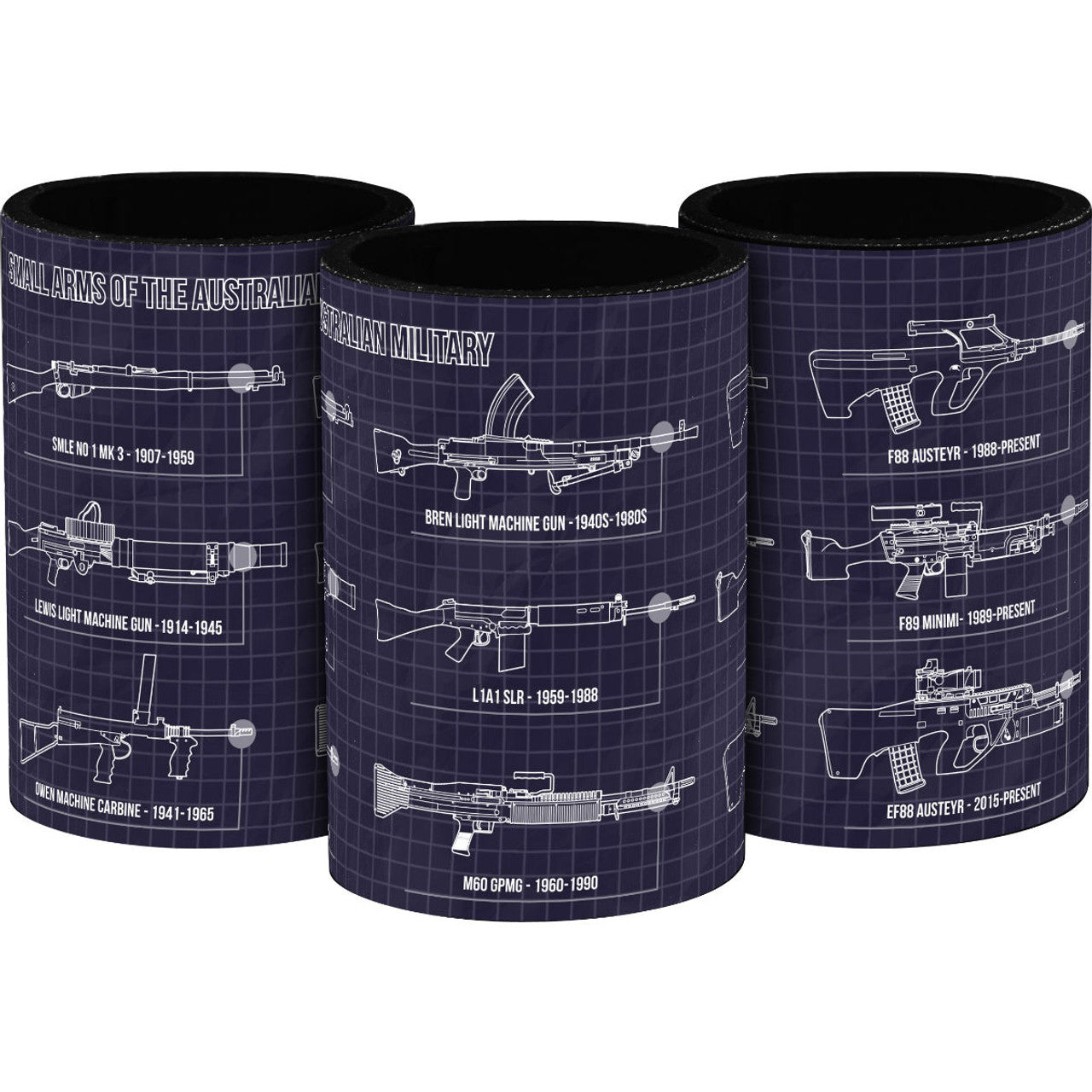 This drink cooler depicts schematics for nine iconic weapons that have seen service with the Australian military. It shows the SMLE No.1 Mk III, Bren Light Machine Gun, F88 Austeyr, Lewis Light Machine Gun, L1A1 Self Loading Rifle, F89 Minimi, Owen Machine Carbine, M60 GPMG and EF88 Austeyr. www.defenceqstore.com.au