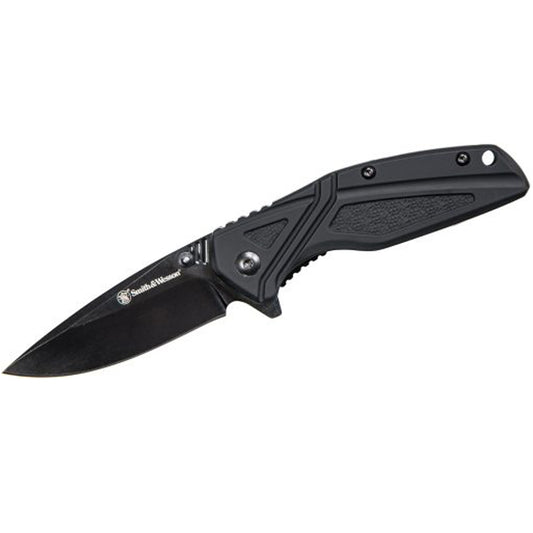 The Smith &amp; Wesson SW1101 folding knife features a 3″ 8Cr13MoV black oxide drop point blade that can be deployed via the flipper tab or dual thumb studs. 8Cr13MoV is a high-quality stainless steel similar in properties to AUS-8. www.defenceqstore.com.au