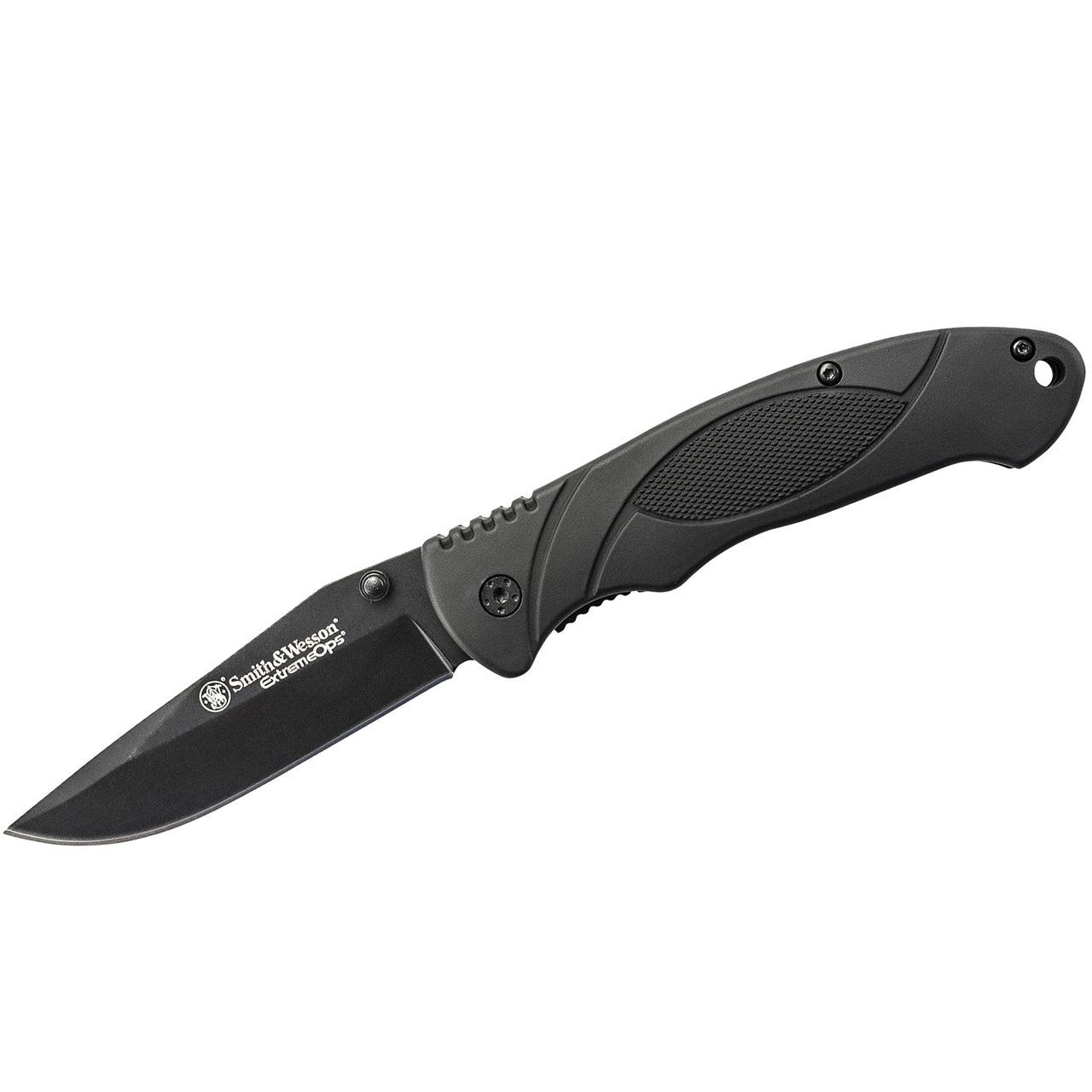 This Smith &amp; Wesson® Extreme Ops Liner Lock Folding Knife features dual thumb knobs along the stainless-steel blade and black aluminum handle. It doesn’t matter if you’re left-handed or right-handed; this knife is perfect for you. Included with the knife are a lanyard hole and pocket clip. www.defenceqstore.com.au