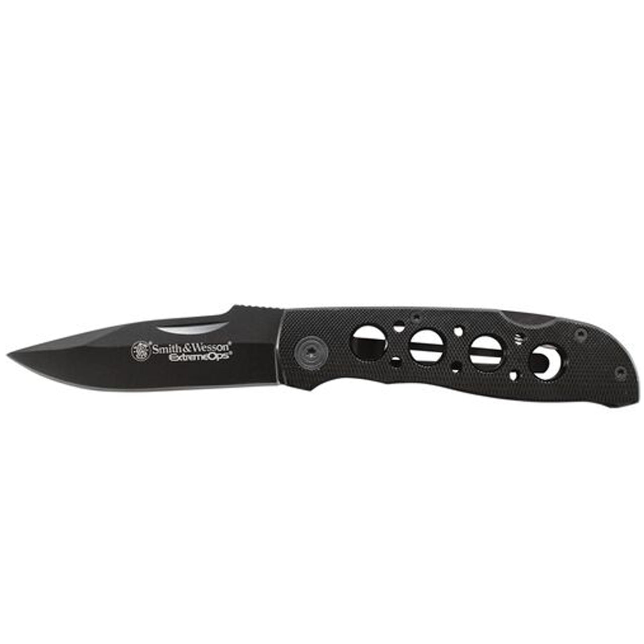 This Smith &amp; Wesson® Extreme Ops Liner Lock Drop Point Folding Knife features a black stainless-steel blade with nail pull and jimping and a black textured aluminum handle. The knife includes a pocket clip. www.defenceqstore.com.au