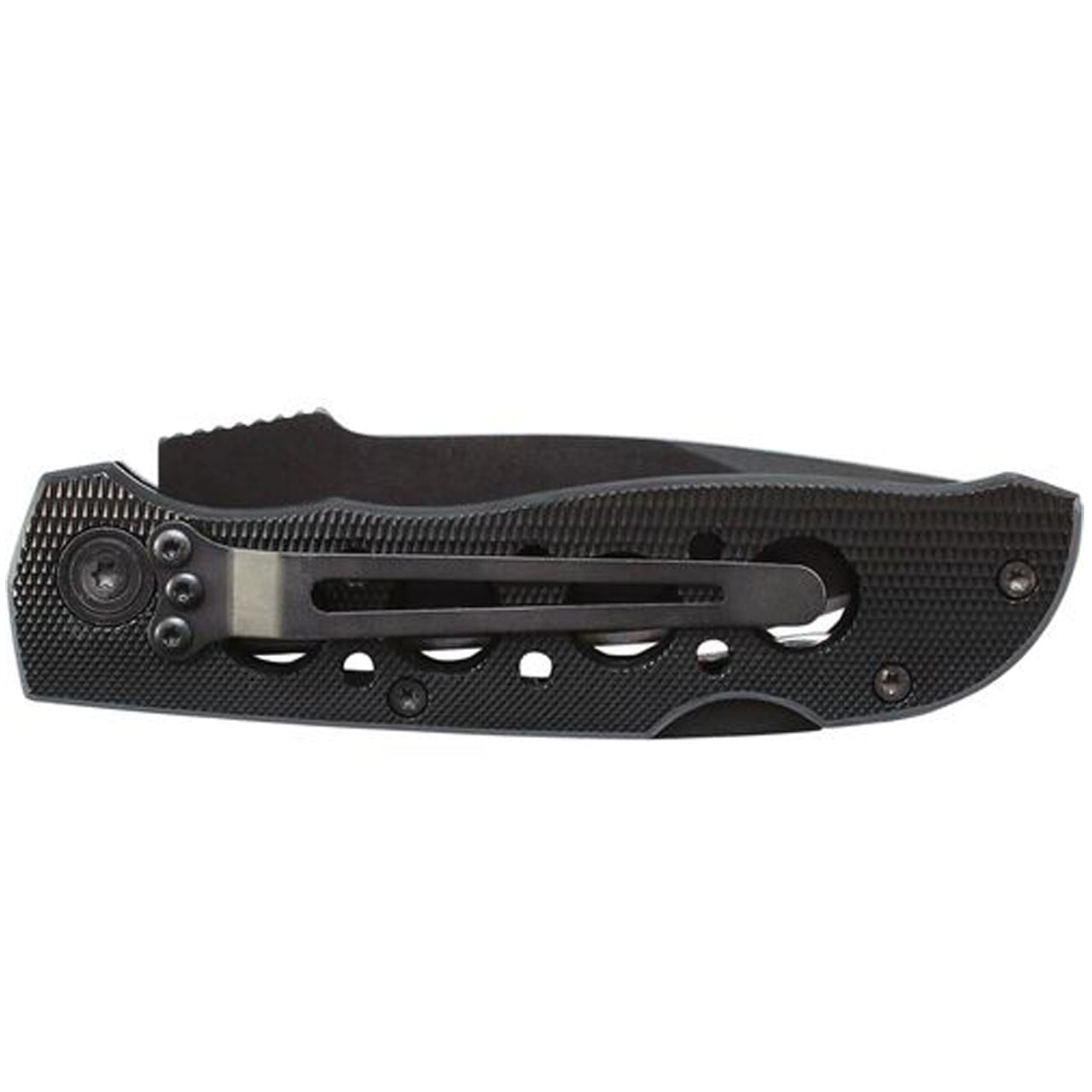 This Smith &amp; Wesson® Extreme Ops Liner Lock Drop Point Folding Knife features a black stainless-steel blade with nail pull and jimping and a black textured aluminum handle. The knife includes a pocket clip. www.defenceqstore.com.au