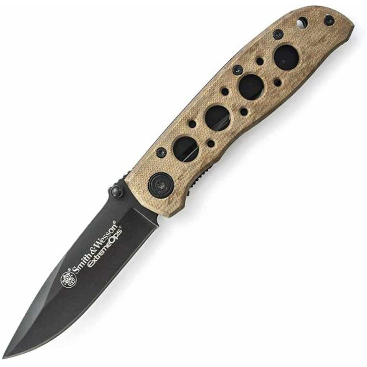 This Smith &amp; Wesson® Extreme Ops Liner Lock Folding Knife features multiple thumb knobs and index knobs along the stainless-steel blade and Desert Tan aluminum handle. It doesn’t matter if you’re left-handed or right-handed; this knife is perfect for you. Included with the knife are a lanyard hole and pocket clip. www.defenceqstore.com.au