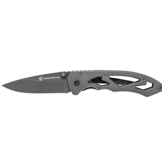 The Smith &amp; Wesson® Frame Lock has a grey stainless-steel drop point blade and skeleton handle. Carry this knife with you, and you’ll be good to go. It features an ambidextrous thumb knob and comes with a lanyard hole and pocket clip for instant access. www.defenceqstore.com.au