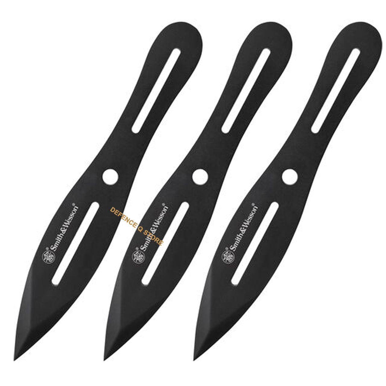 Experience the unmatched quality and precision of Smith &amp; Wesson Thrower Knives Black 3 Pack. Each thrower features a sleek 8" design with a durable 4.25" black finish 2Cr13 stainless spear point blade. www.defenceqstore.com.au