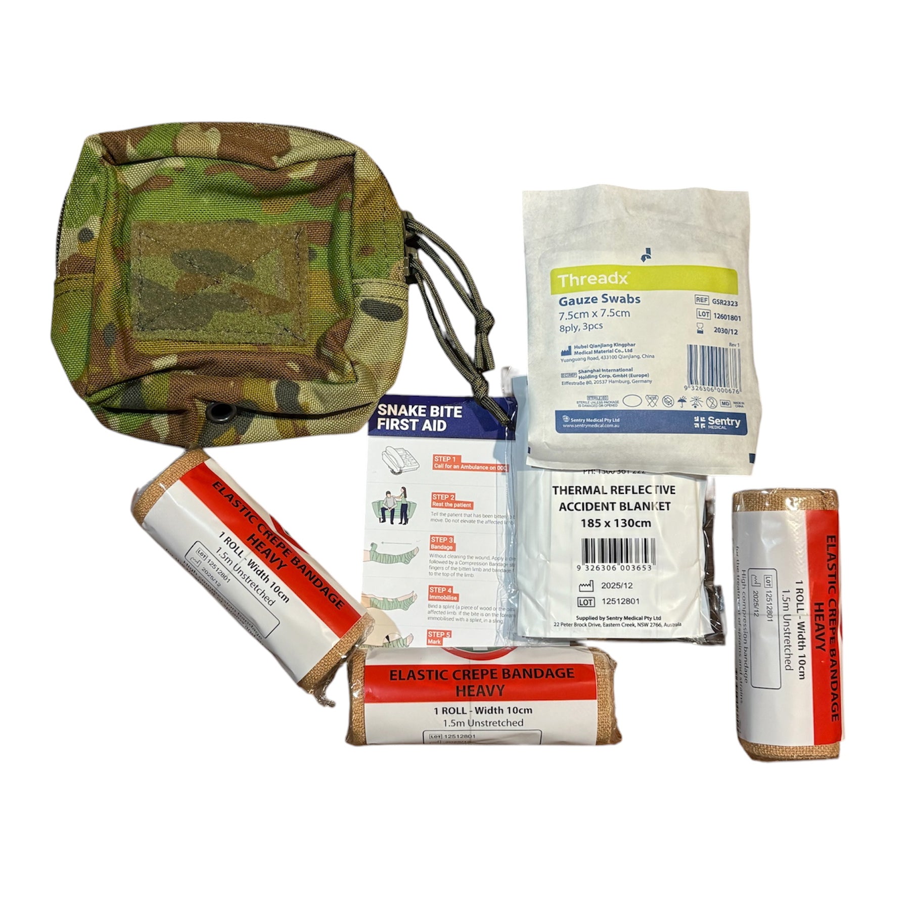 The Snake Bite&nbsp;Kit provides emergency treatment&nbsp;for one person in case of a snake or spider bite. It contains:
3 Heavy Standard Crepe Bandages.&nbsp;
Gauze Swab 7.5cm
Thermal Blanket,
Venomous Bite Guide.&nbsp;&nbsp;
AMCU Combat Pouch 12x11.5x6cm www.defenceqstore.com.au