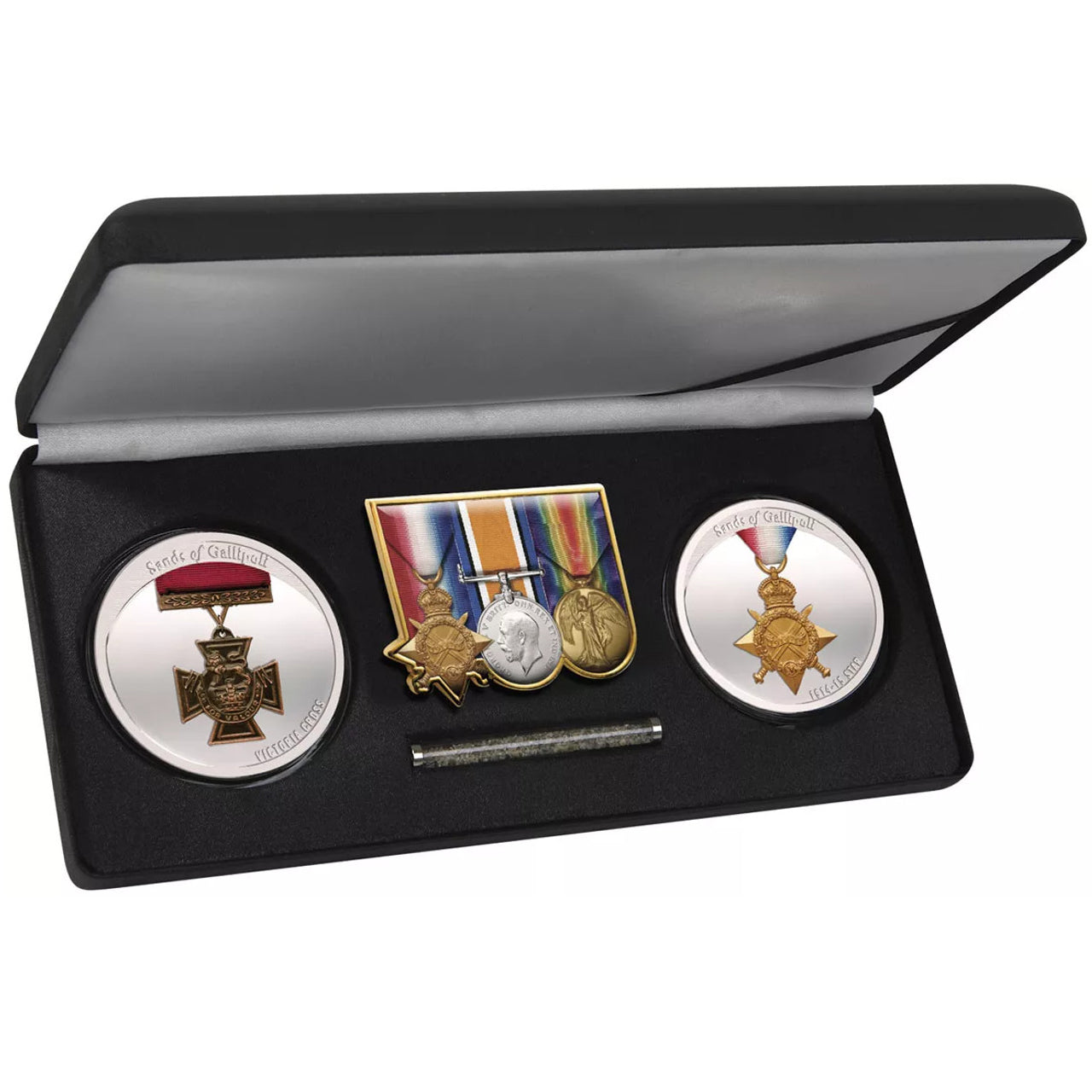 The medallions are beautifully presented in capsules and housed in a leatherette and steel box, featuring a metal centre plate adorned with the 1914-15 Star, British War Medal, and the Victory Meal. As an added touch, each set includes a vial of authentic sand collected from the historic beaches of Gallipoli. www.defenceqstore.com.au