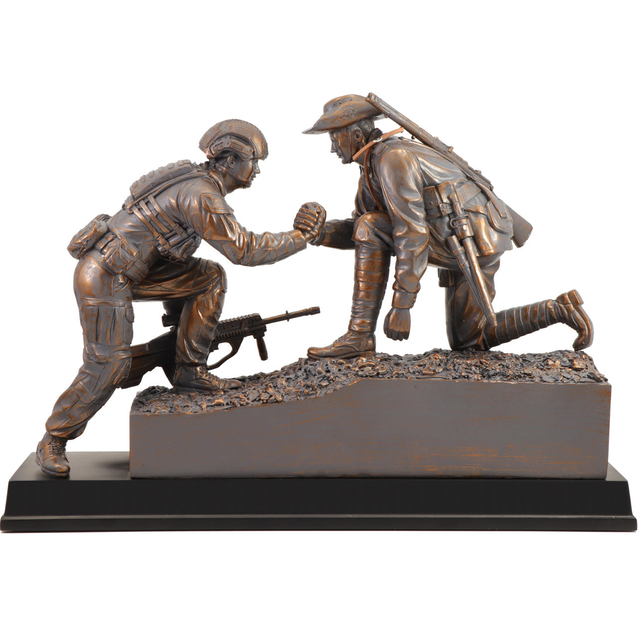 The "Spirit of Mateship Limited Edition Figurine" is a poignant and timeless tribute that captures the unwavering bond and camaraderie of Australian soldiers across generations. This exquisite cold cast bronze figurine, perched atop a timber base, depicts a powerful scene—a WW1 digger extending a helping hand to a modern Australian soldier, navigating a treacherous and muddy battlefield. www.defenceqstore.com.au