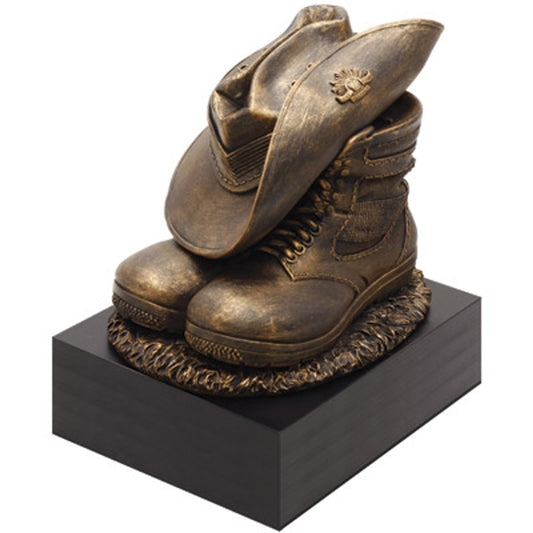 The Master Creations Stand Down Figurine is the perfect present for serving members or veterans. This cold-cast bronze figurine mounted on a wooden block depicts a soldier's slouch hat placed on his combat boots at the end of a long day. This versatile piece can be used as bookends, trophies and will make a great farewell gift. A timeless piece to evoke emotions and discussion. www.defenceqstore.com.au