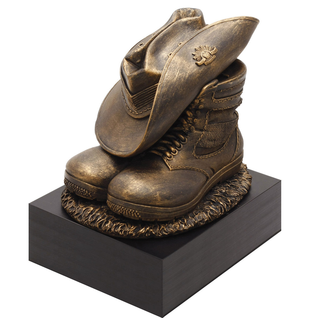 The Master Creations Stand Down Figurine is the perfect present for serving members or veterans. This cold-cast bronze figurine mounted on a wooden block depicts a soldier's slouch hat placed on his combat boots at the end of a long day. This versatile piece can be used as bookends, trophies and will make a great farewell gift. A timeless piece to evoke emotions and discussion. www.defenceqstore.com.au