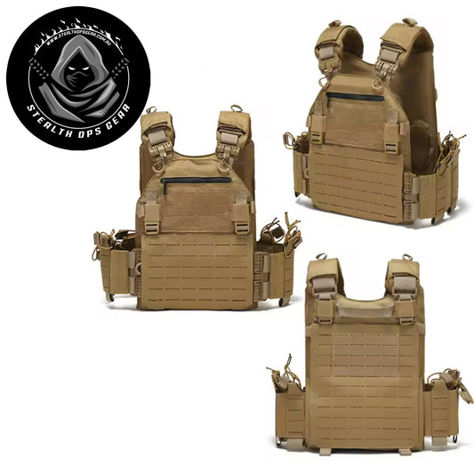 The Stealth Ops Quick Release Assault Vest in Coyote is engineered to deliver both durability and versatility for demanding outdoor environments. Made from rugged 1000D waterproof oxford cloth, this MOLLE-compatible vest withstands harsh conditions while providing reliable performance. www.defenceqstore.com.au
