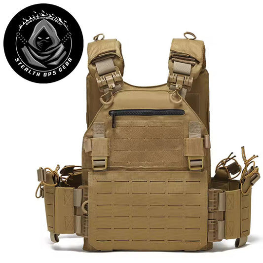 The Stealth Ops Quick Release Assault Vest in Coyote is engineered to deliver both durability and versatility for demanding outdoor environments. Made from rugged 1000D waterproof oxford cloth, this MOLLE-compatible vest withstands harsh conditions while providing reliable performance. www.defenceqstore.com.au