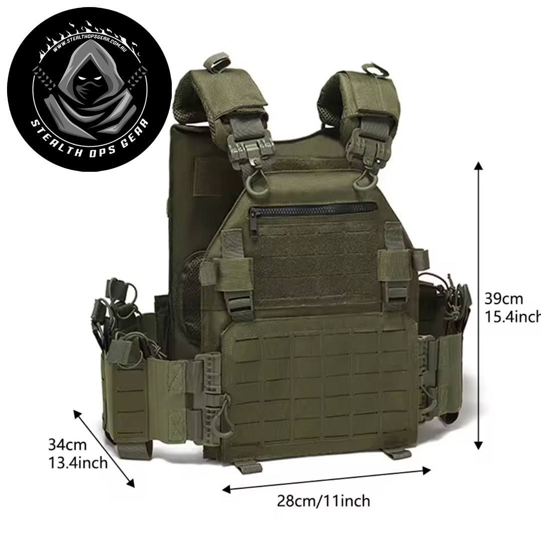 The Stealth Ops Quick Release Assault Vest OD Green is engineered to deliver both durability and versatility for demanding outdoor environments. Made from rugged 1000D waterproof oxford cloth, this MOLLE-compatible vest withstands harsh conditions while providing reliable performance. www.defenceqstore.com.au