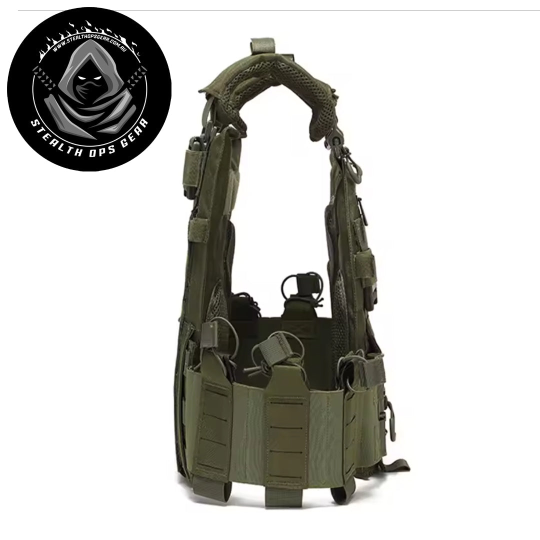The Stealth Ops Quick Release Assault Vest OD Green is engineered to deliver both durability and versatility for demanding outdoor environments. Made from rugged 1000D waterproof oxford cloth, this MOLLE-compatible vest withstands harsh conditions while providing reliable performance. www.defenceqstore.com.au
