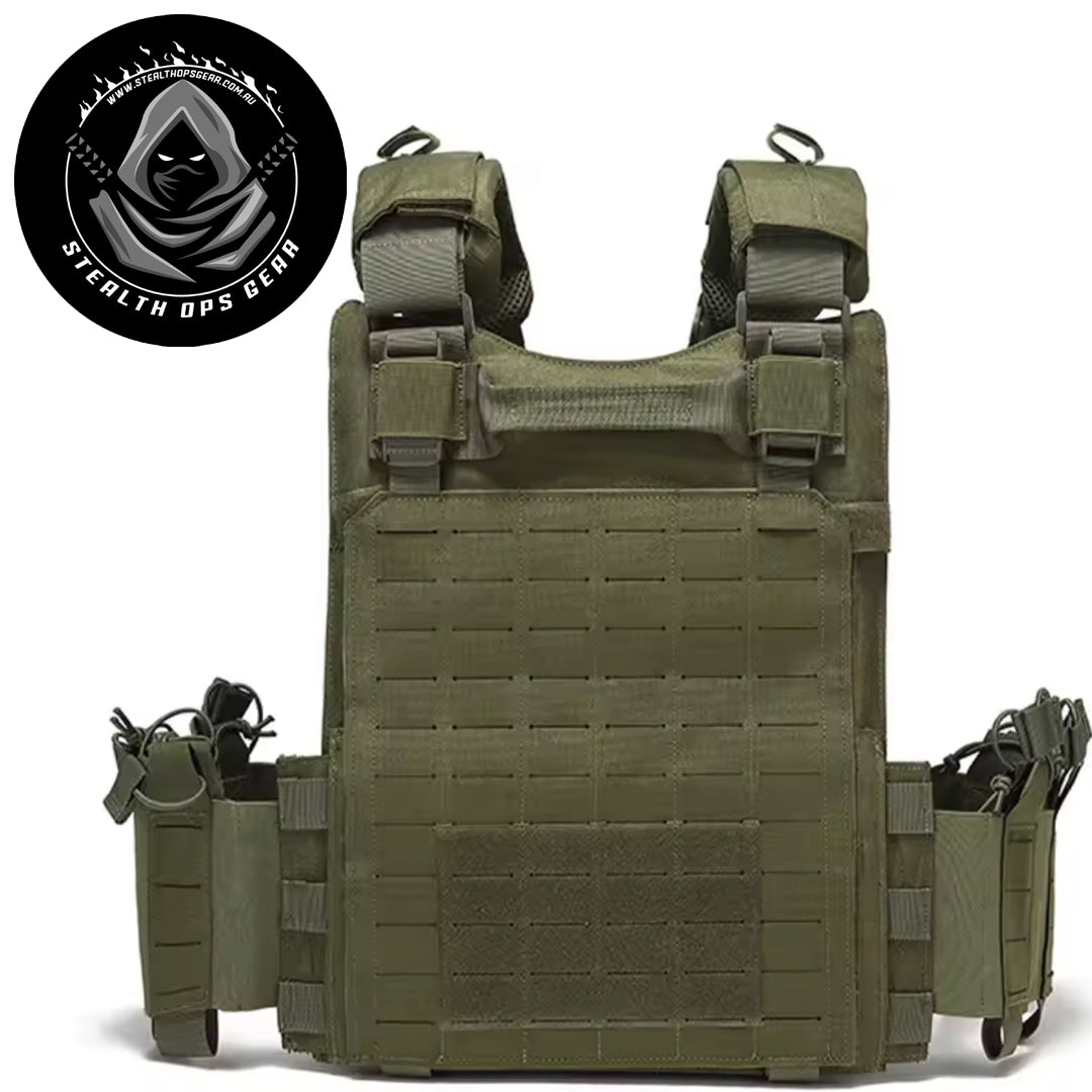 The Stealth Ops Quick Release Assault Vest OD Green is engineered to deliver both durability and versatility for demanding outdoor environments. Made from rugged 1000D waterproof oxford cloth, this MOLLE-compatible vest withstands harsh conditions while providing reliable performance. www.defenceqstore.com.au