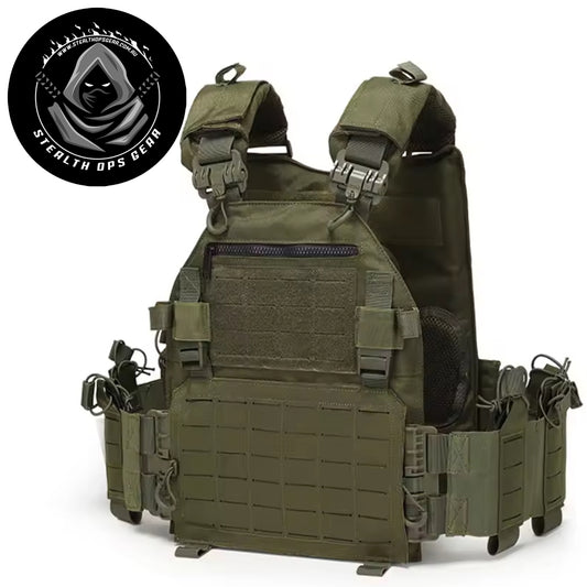 The Stealth Ops Quick Release Assault Vest OD Green is engineered to deliver both durability and versatility for demanding outdoor environments. Made from rugged 1000D waterproof oxford cloth, this MOLLE-compatible vest withstands harsh conditions while providing reliable performance. www.defenceqstore.com.au