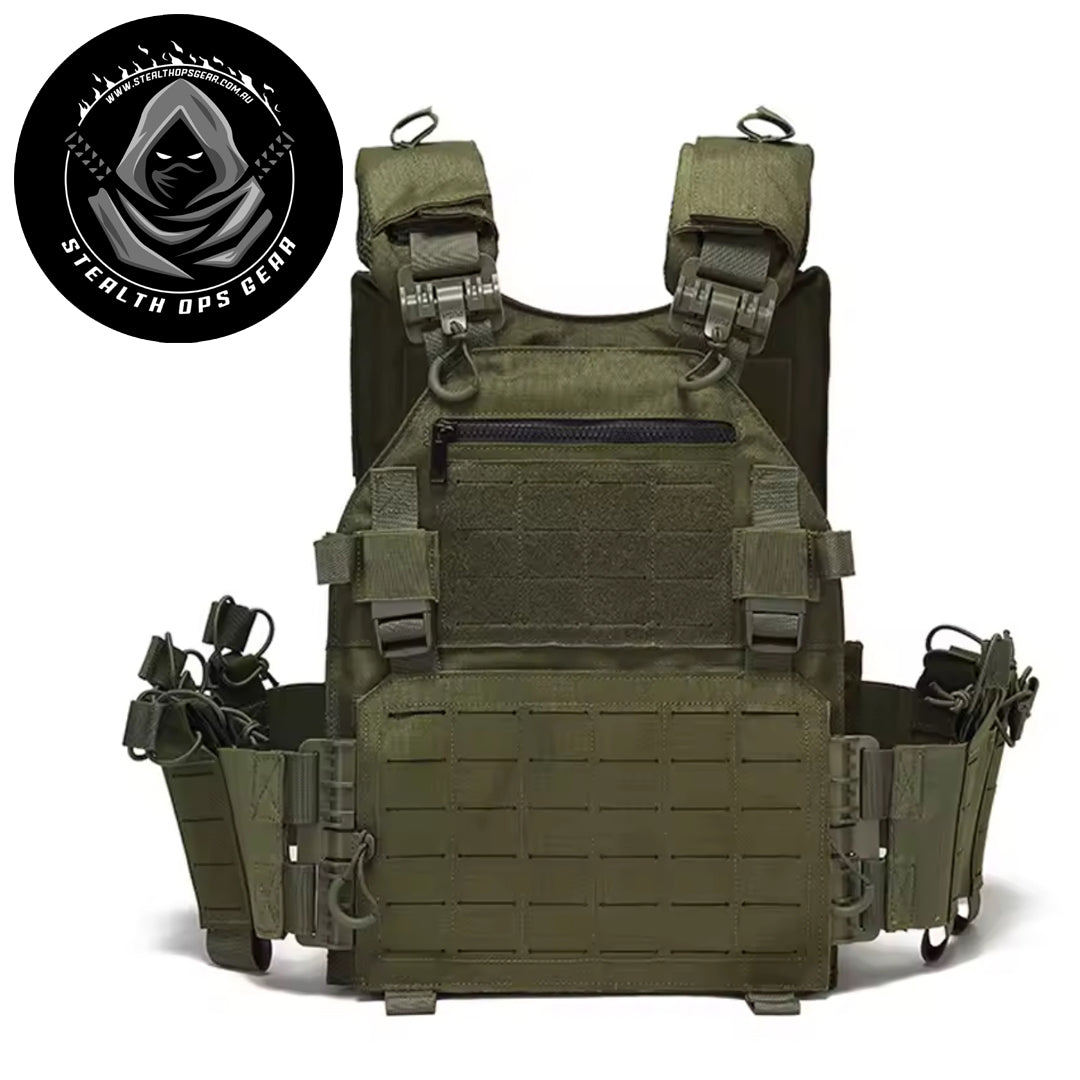 The Stealth Ops Quick Release Assault Vest OD Green is engineered to deliver both durability and versatility for demanding outdoor environments. Made from rugged 1000D waterproof oxford cloth, this MOLLE-compatible vest withstands harsh conditions while providing reliable performance. www.defenceqstore.com.au