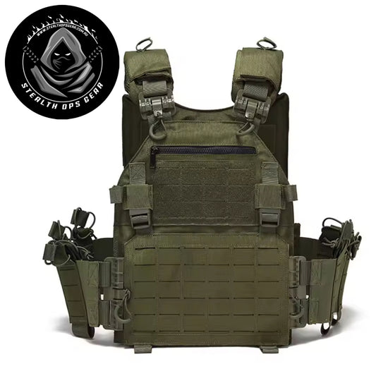The Stealth Ops Quick Release Assault Vest OD Green is engineered to deliver both durability and versatility for demanding outdoor environments. Made from rugged 1000D waterproof oxford cloth, this MOLLE-compatible vest withstands harsh conditions while providing reliable performance. www.defenceqstore.com.au