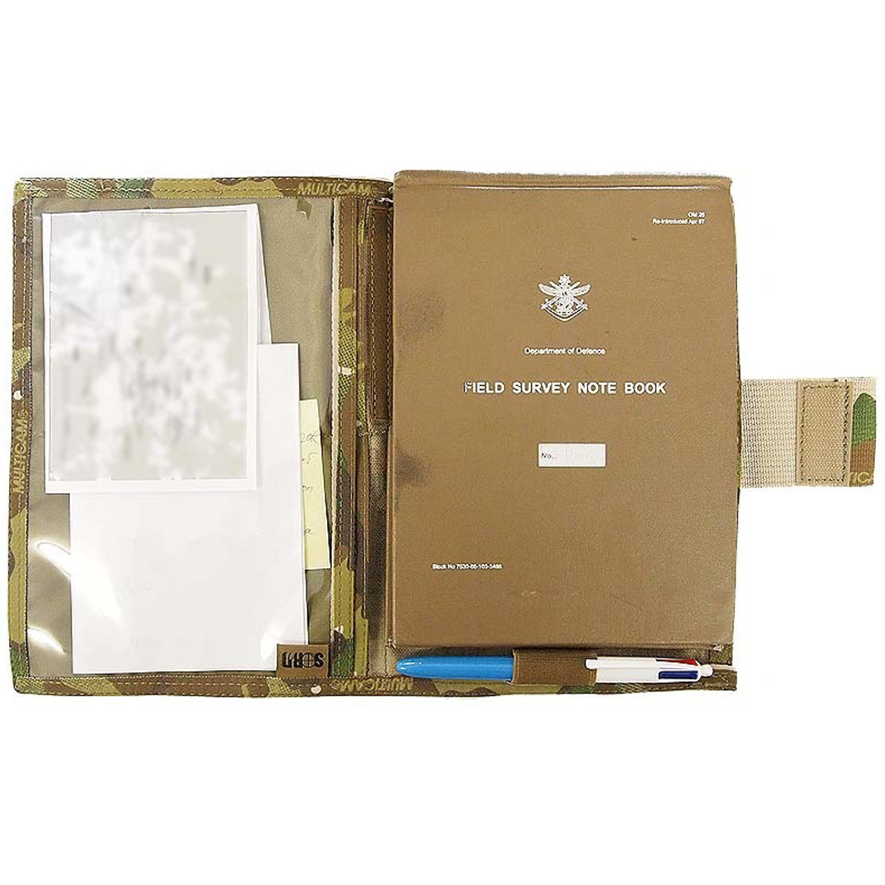 A 1000D Cordura protective cover for your issue Field Survey Notebook, held in by an elastic loop. The Survey Notebook Cover also provides a sleeve for Maps etc. with a clear plastic window and two more sleeves beneath the Map sleeve for miscellaneous paperwork or objects. It also features an elastic loop for a pen or pencil. www.defenceqstore.com.au