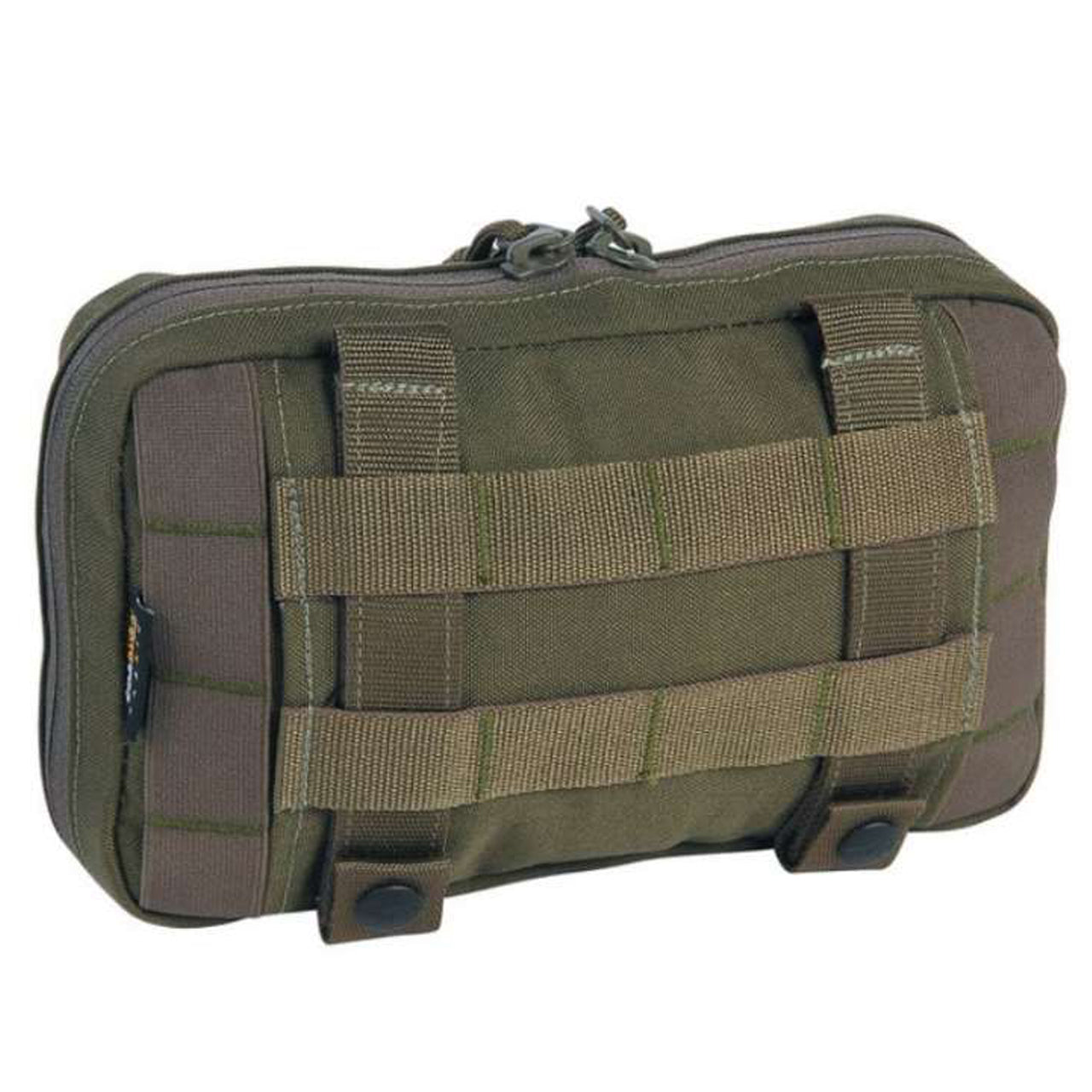 This expansive version of the TT Admin Pouch stores all your must-have items for lightning-fast access. It's the perfect combination of protection and accessibility, so you can be confident you're ready for any situation. www.defenceqstore.com.au olive back view with connections