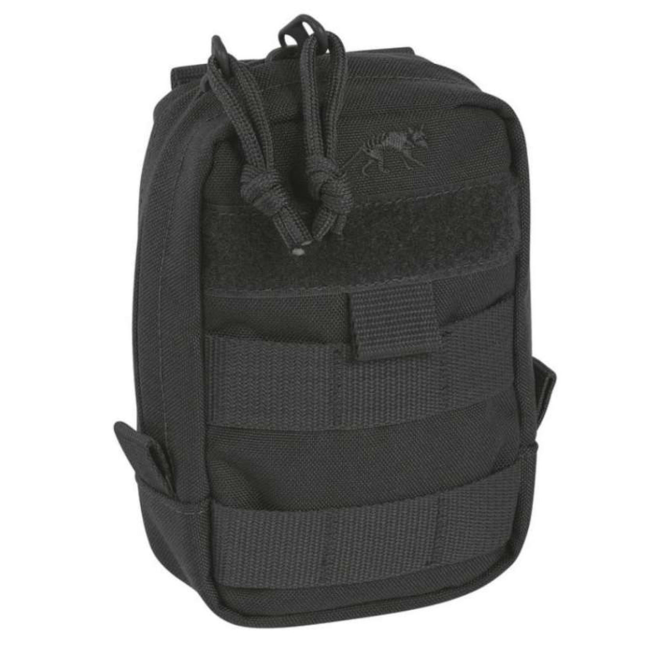 Discover the tactical pouch 1 vertical with MOLLE compatibility, a generously wide zippered entrance, and velcro panels for personalized identification. Keep your gear secure and always know who it belongs to! www.defenceqstore.com.au black view front