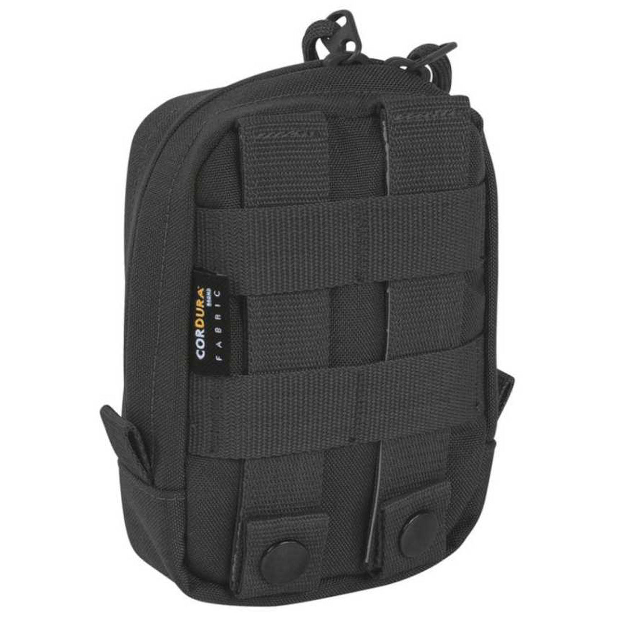 Discover the tactical pouch 1 vertical with MOLLE compatibility, a generously wide zippered entrance, and velcro panels for personalized identification. Keep your gear secure and always know who it belongs to! www.defenceqstore.com.au black view back with molle attachment straps