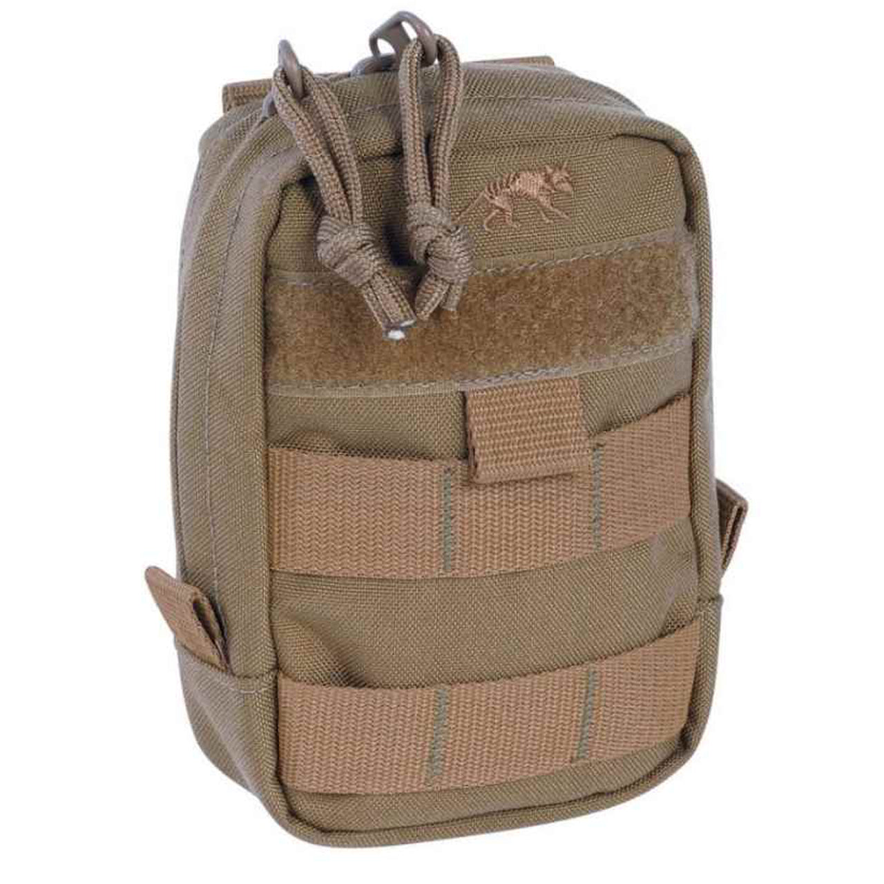 Discover the tactical pouch 1 vertical with MOLLE compatibility, a generously wide zippered entrance, and velcro panels for personalized identification. Keep your gear secure and always know who it belongs to! www.defenceqstore.com.au coyote front view