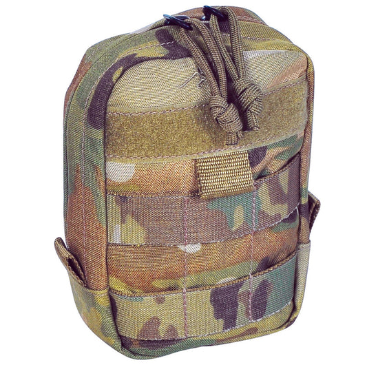 Discover the tactical pouch 1 vertical with MOLLE compatibility, a generously wide zippered entrance, and velcro panels for personalized identification. Keep your gear secure and always know who it belongs to! www.defenceqstore.com.au multicam front of pouch view