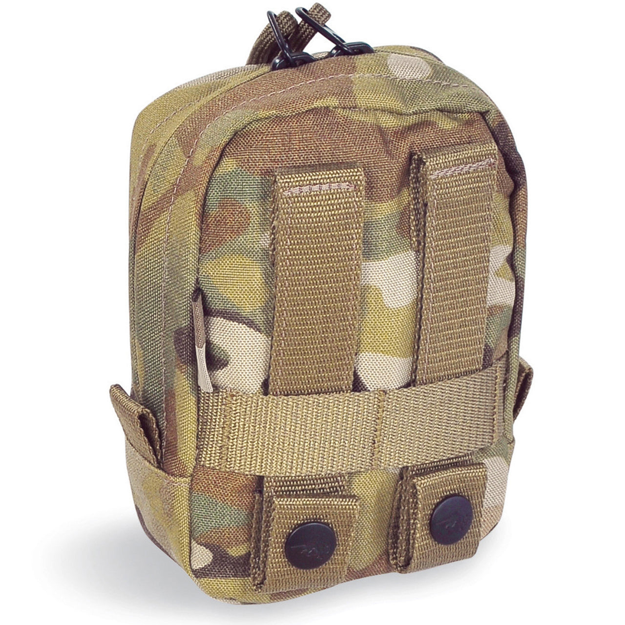 Discover the tactical pouch 1 vertical with MOLLE compatibility, a generously wide zippered entrance, and velcro panels for personalized identification. Keep your gear secure and always know who it belongs to! www.defenceqstore.com.au multicam back view with molle attachments