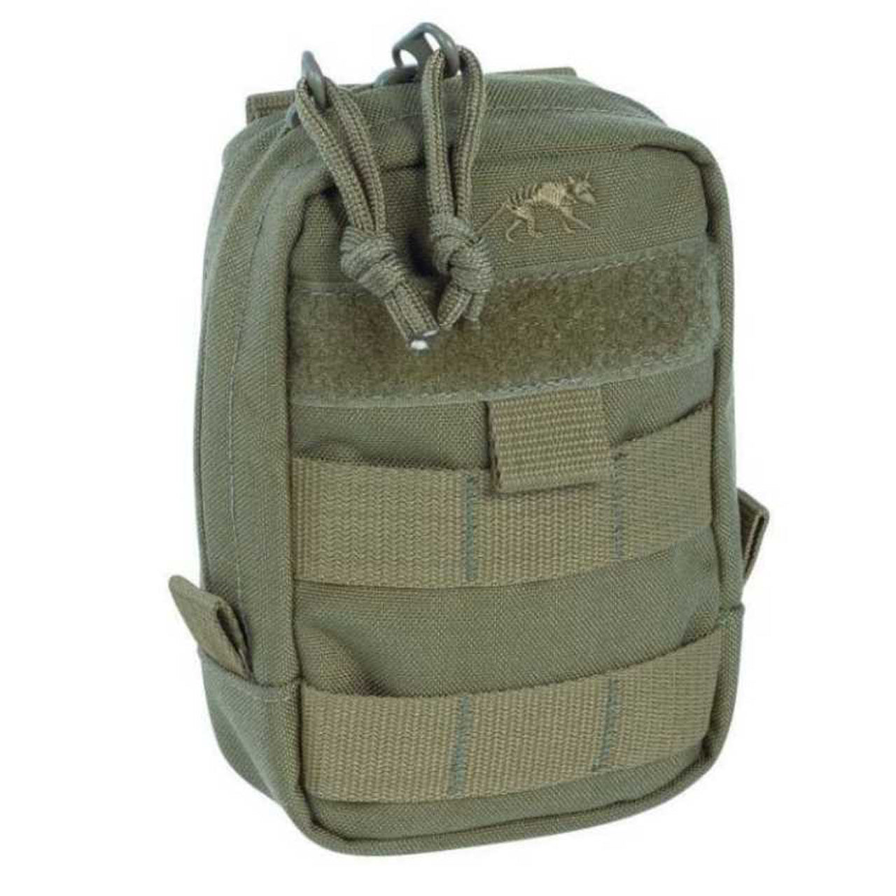 Discover the tactical pouch 1 vertical with MOLLE compatibility, a generously wide zippered entrance, and velcro panels for personalized identification. Keep your gear secure and always know who it belongs to! www.defenceqstore.com.au olive front view