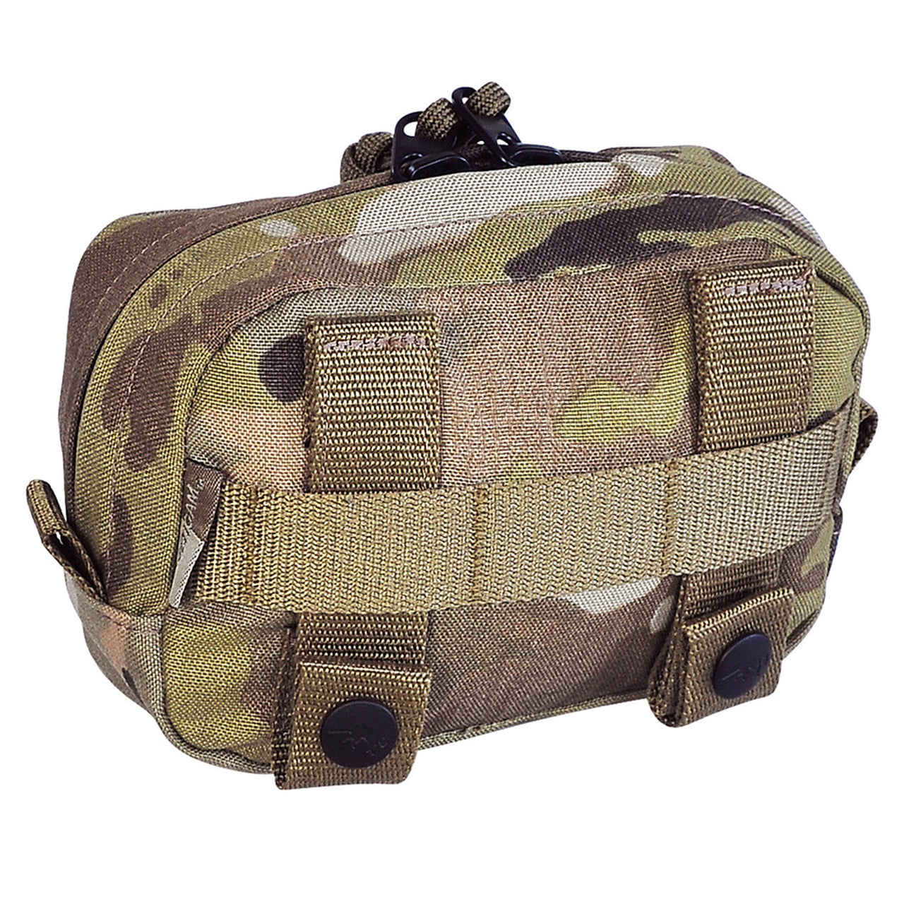 This horizontal pocket features a MOLLE snap button system, an extra wide zipped opening, and hook-and-loop strips for a personalised name tag. Experience the convenience of the Tasmanian Tiger Tactical Pouch 4 Horizontal! www.moralepatches.com.au back view multicam with molle straps