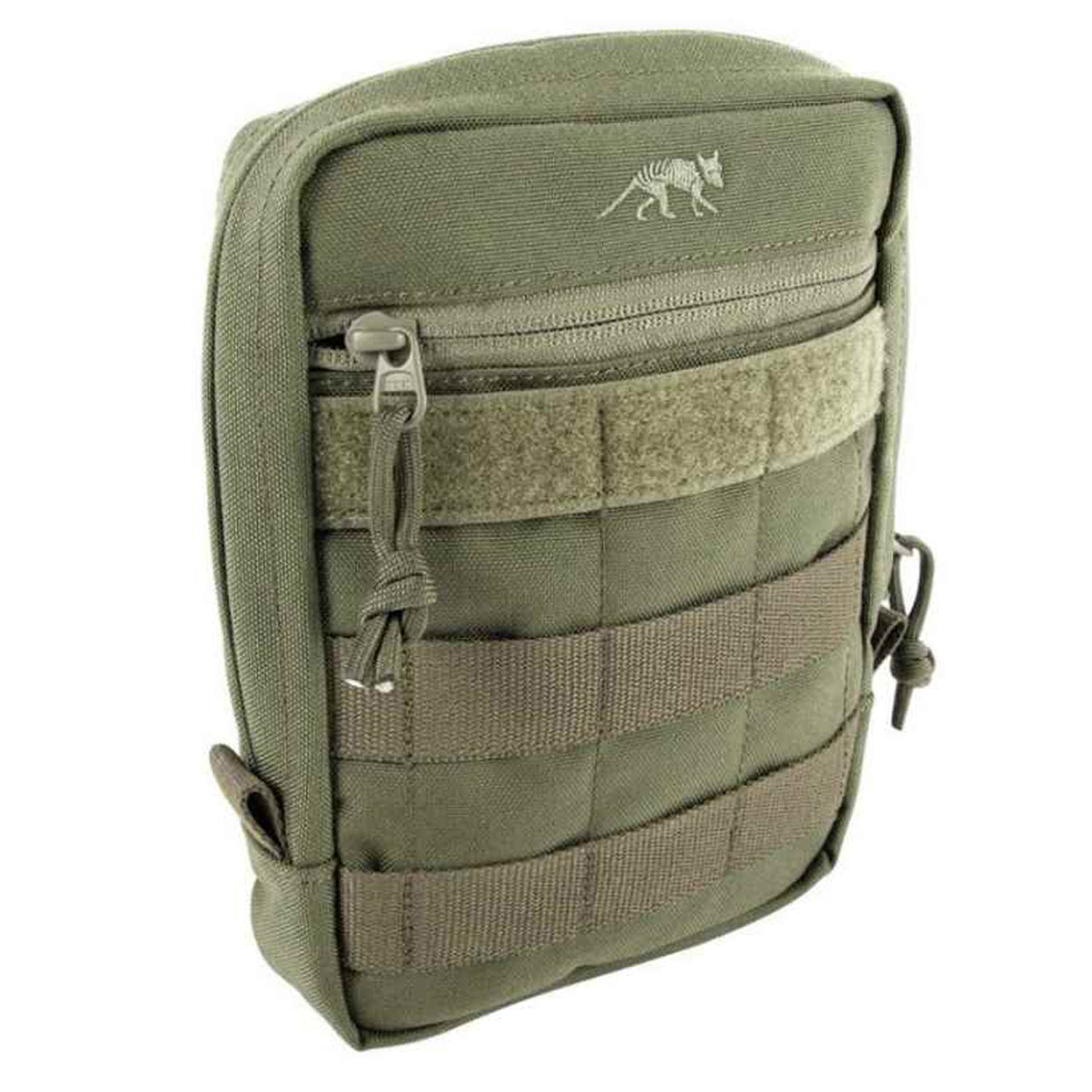 This pouch features a MOLLE snap button system, an extra wide zipped opening, and hook-and-loop strips for a personalised name tag. www.defenceqstore.com.au olive front view