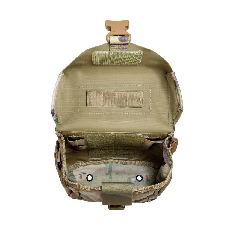 Accessory pouch for canteen and cutlery with MOLLE reverse system. The TT Canteen Pouch MKIII MC has two elastic side pockets and MOLLE hook-and-loop as well as elastic loops on the inside to secure a canteen and cutlery. www.defenceqstore.com.au