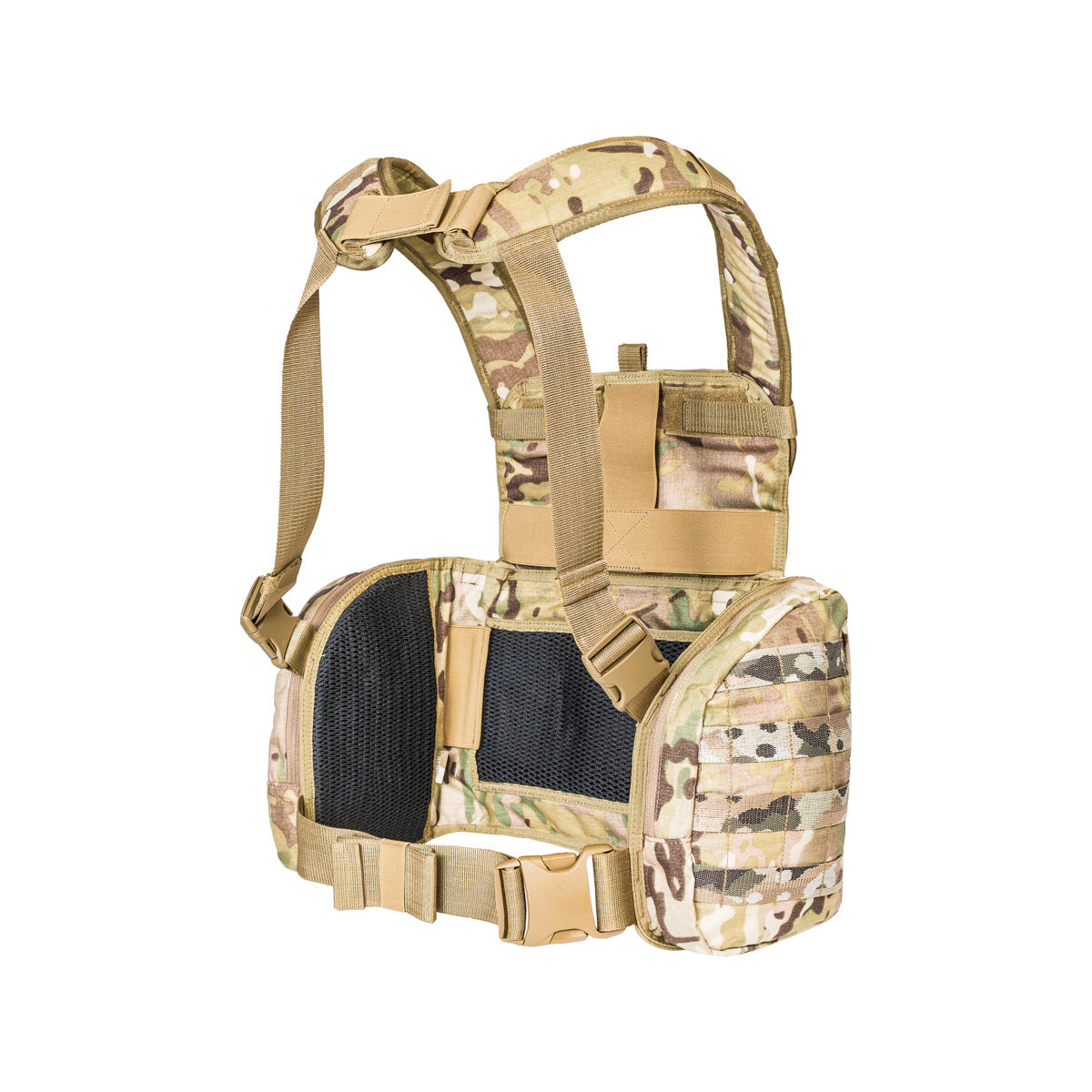 Lightweight universal harness with side pockets and space for armor plate inserts. Five magazine pouches on front. Magazine pouches closed by hook-and-loop fastening, side pockets by zipper. Adjustable padded straps. www.defenceqstore.com.au