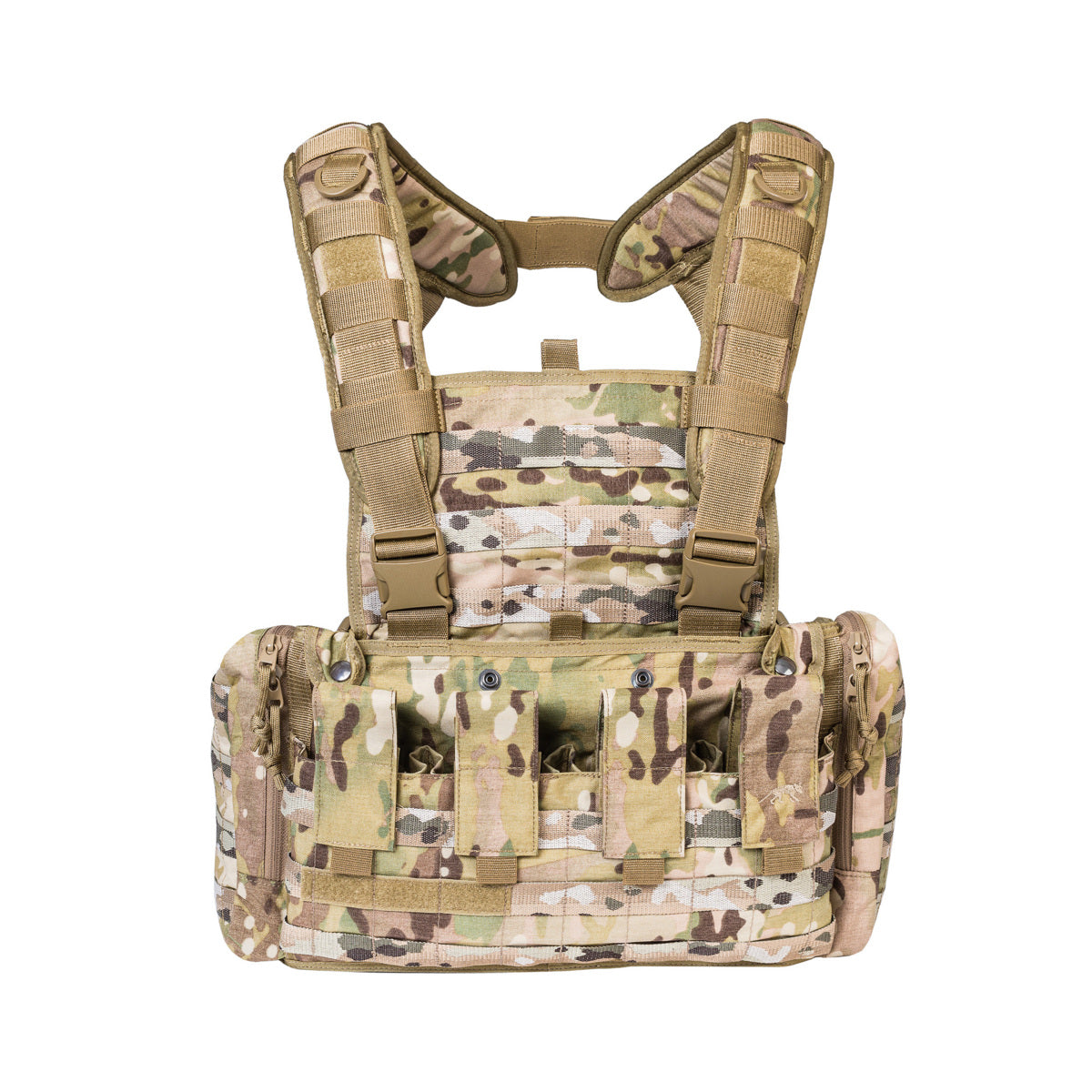 Lightweight universal harness with side pockets and space for armor plate inserts. Five magazine pouches on front. Magazine pouches closed by hook-and-loop fastening, side pockets by zipper. Adjustable padded straps. www.defenceqstore.com.au