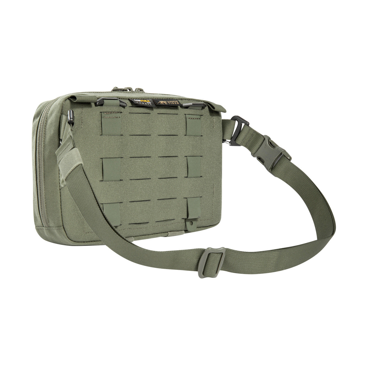 The bag has a removable MOLLE reverse system for attachment to plate carriers and backpacks. In addition, it can be hooked with loops to the TT Survival Pack or other MOLLE surfaces with appropriate buckles. There is also a pass-through for a 50mm belt loop. Inside are flat mesh pockets, elastic loops and a large MOLLE hook-and-loop surface. www.defenceqstore.com.au