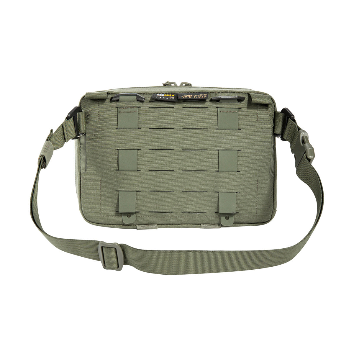 The bag has a removable MOLLE reverse system for attachment to plate carriers and backpacks. In addition, it can be hooked with loops to the TT Survival Pack or other MOLLE surfaces with appropriate buckles. There is also a pass-through for a 50mm belt loop. Inside are flat mesh pockets, elastic loops and a large MOLLE hook-and-loop surface. www.defenceqstore.com.au