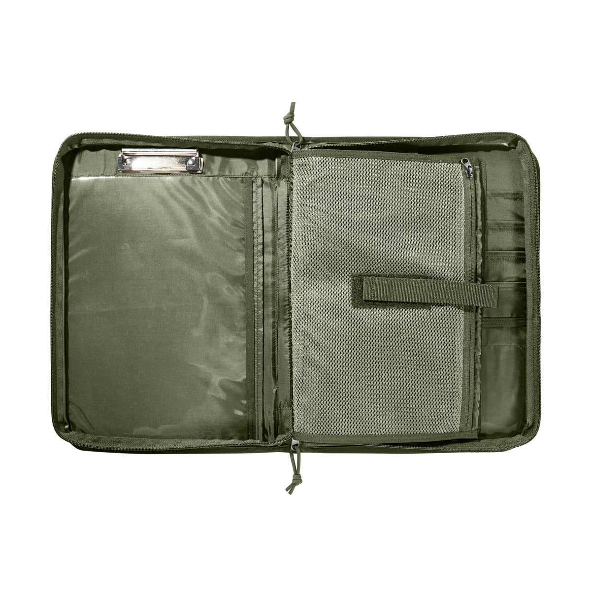 Carrying handle Handles in flat zip compartments stowable Two mesh pockets Hook-and-loop closure patch on the frontside (loop) Removable organizer Coin compartment inside 4-hole DIN A4 ring binder Clamp on the left, ring binder on the right Transparent map pocket Compartments for pencils, credit-, and other cards www.defenceqstore.com.au