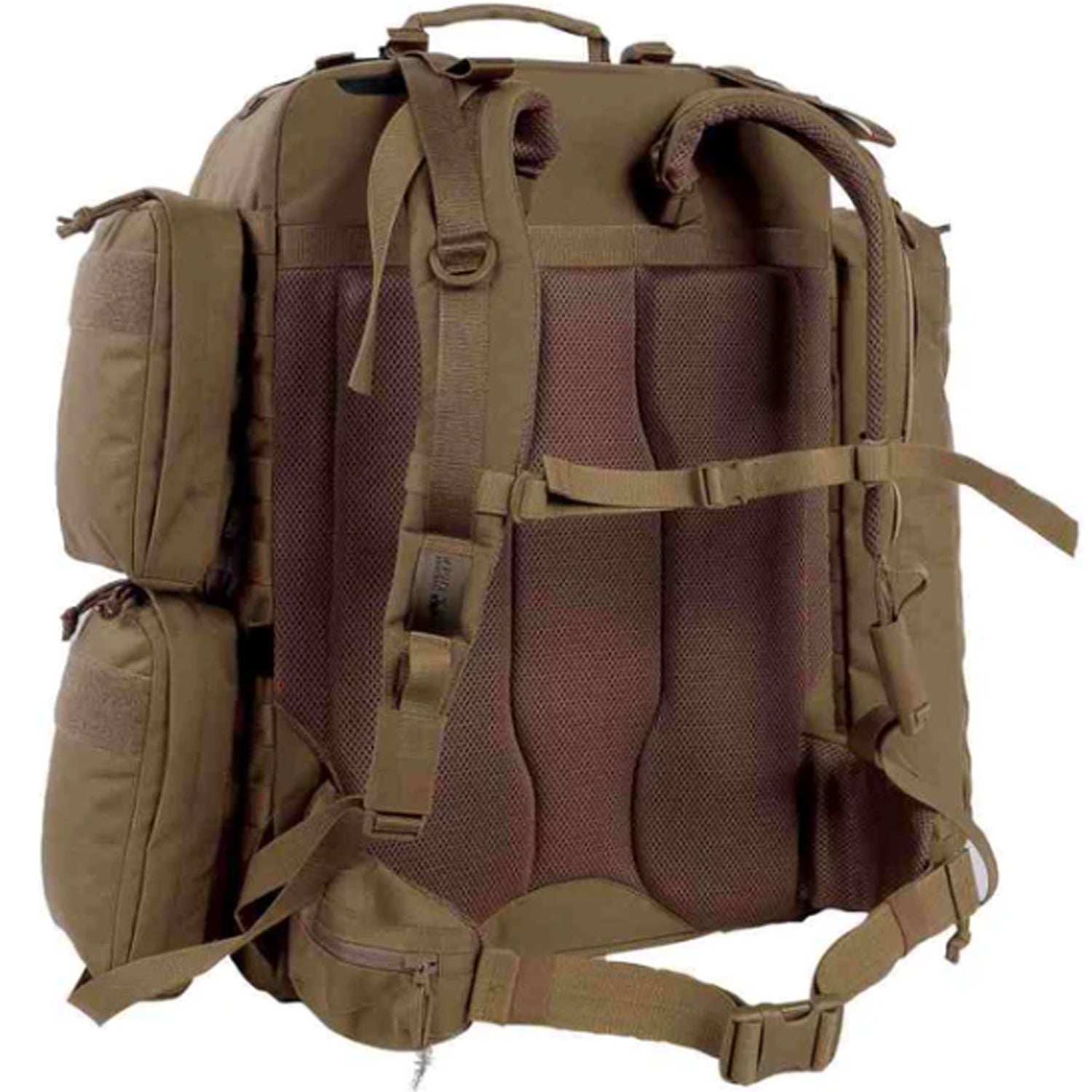 Generously fitted-out first aid backpack. The side pockets are detachable, while the padded interior compartment has adjustable compartments. The backpack also has a removable panel with detachable, labelled clear pockets, MOLLE system and elastic loops. www.defenceqstore.com.au