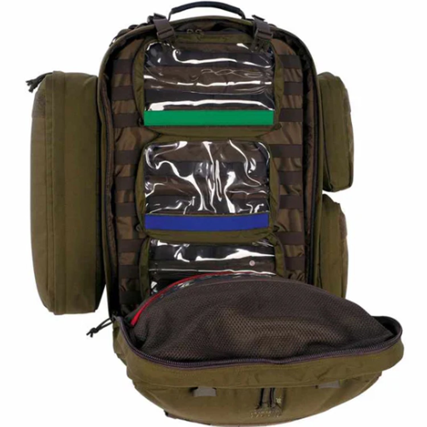 Generously fitted-out first aid backpack. The side pockets are detachable, while the padded interior compartment has adjustable compartments. The backpack also has a removable panel with detachable, labelled clear pockets, MOLLE system and elastic loops. www.defenceqstore.com.au