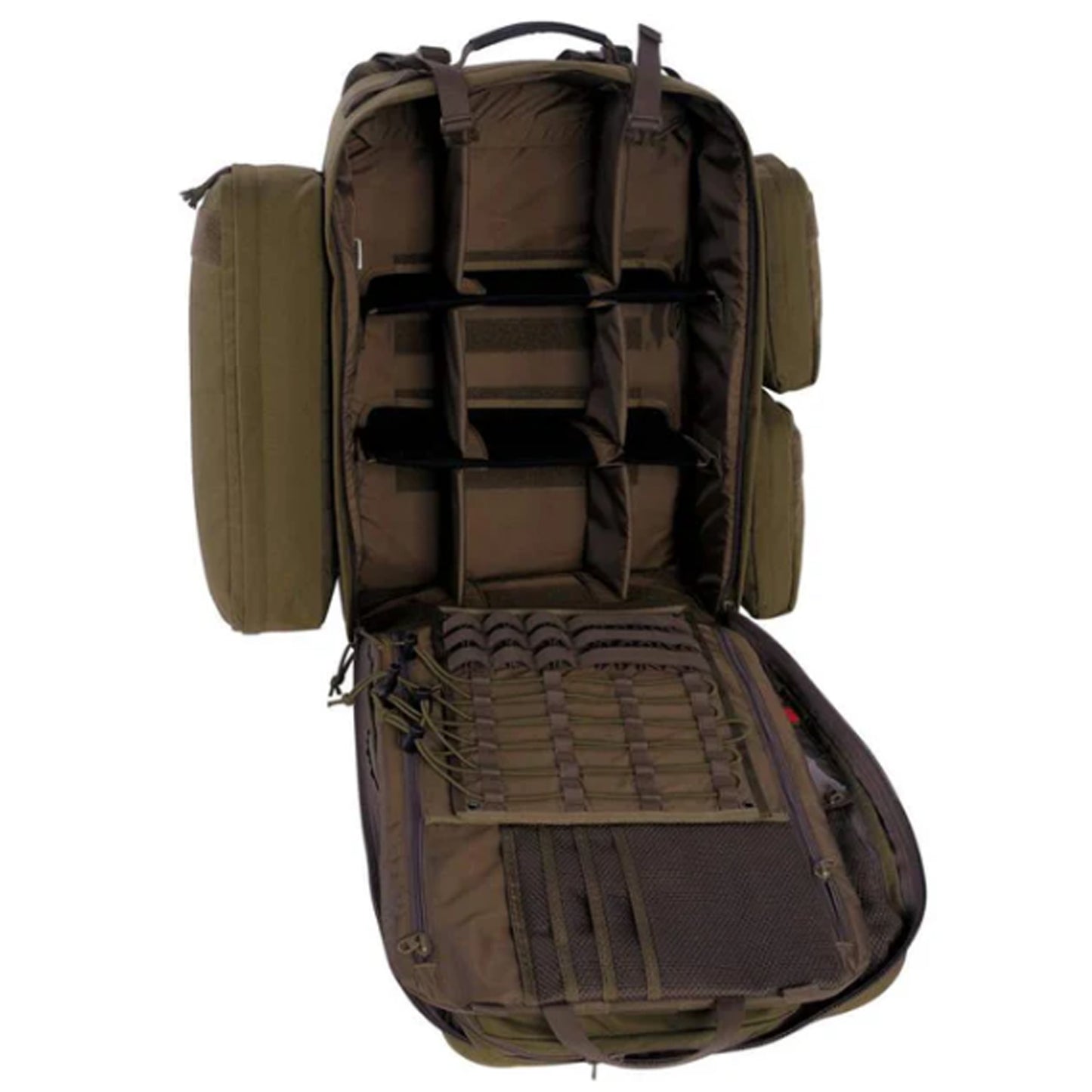 Generously fitted-out first aid backpack. The side pockets are detachable, while the padded interior compartment has adjustable compartments. The backpack also has a removable panel with detachable, labelled clear pockets, MOLLE system and elastic loops. www.defenceqstore.com.au